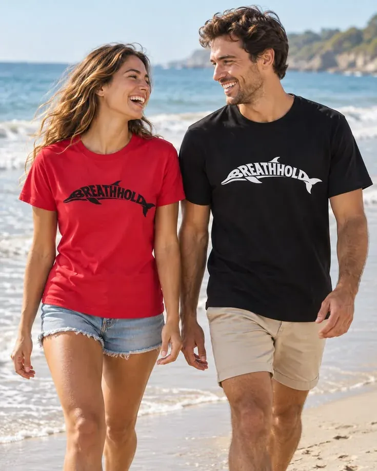 Zwei Menschen mit NAUTIVE BREATHHOLD Shirts am Meer